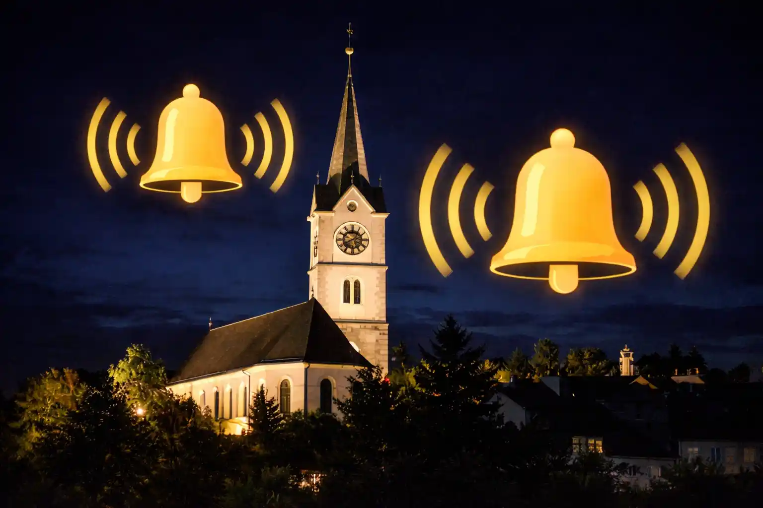 Kirche nachts mit Glockensymbolen